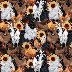 White Roosters and Sunflowers Sewing Fabric Pre-Cut 44-in x 1 yd 100% Cotton NEW